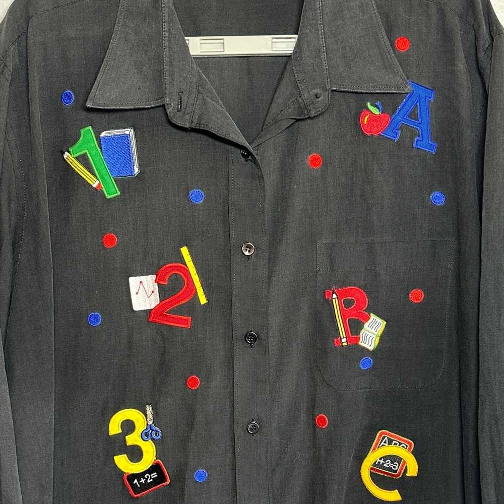 Hana Teacher Themed Top Womens XL Black Embroidered School Supplies ABC 123